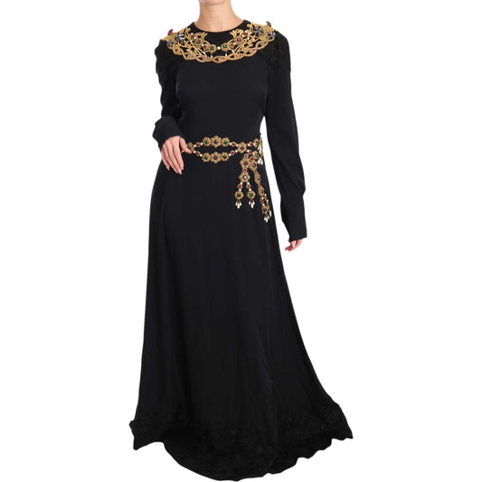 Dolce & Gabbana Elegant Maxi Black Dress with Gold Detailing black-silk-stretch-gold-crystal-dress