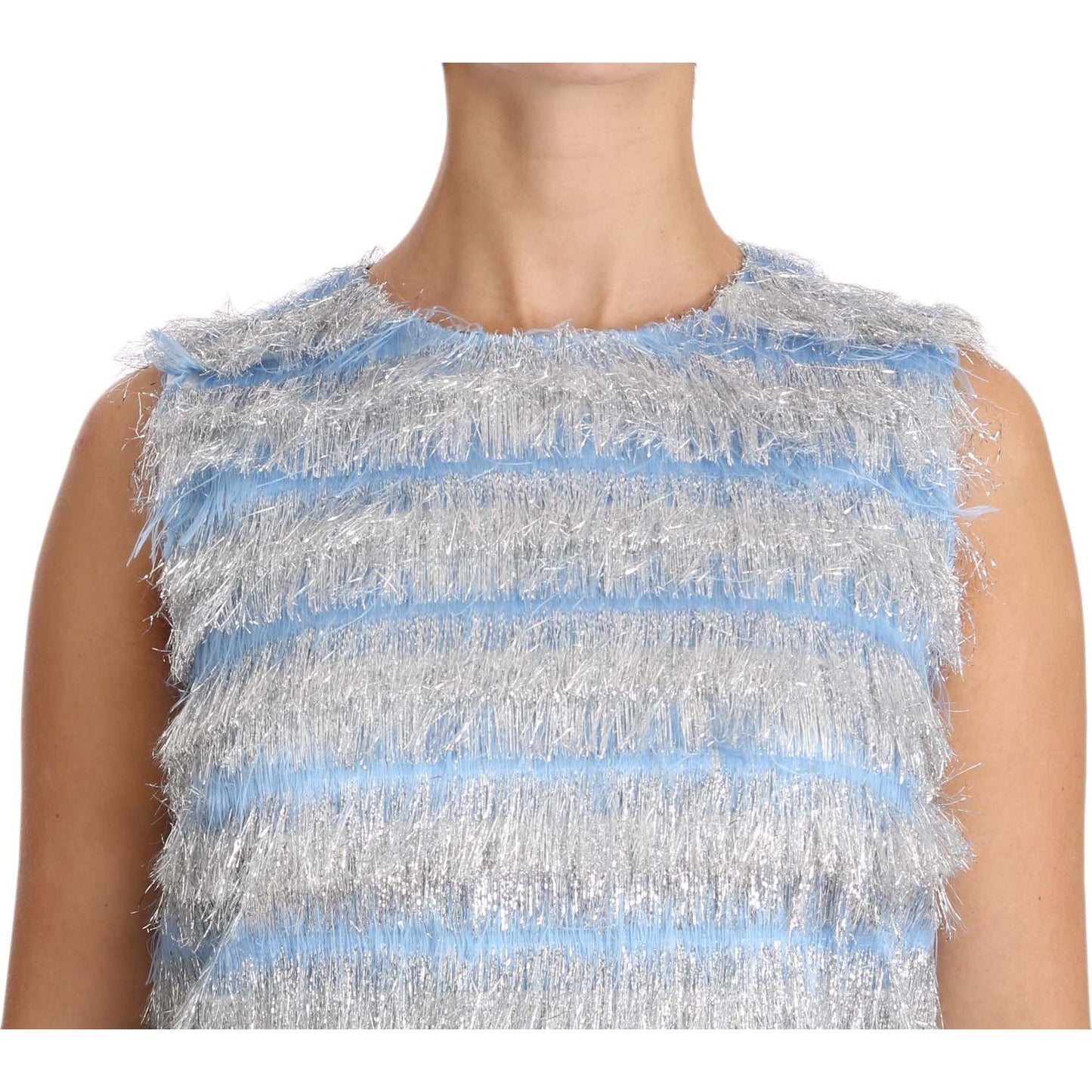 Dolce & Gabbana Elegant Light Blue Fringe Shift Dress light-blue-silver-shift-gown-dress