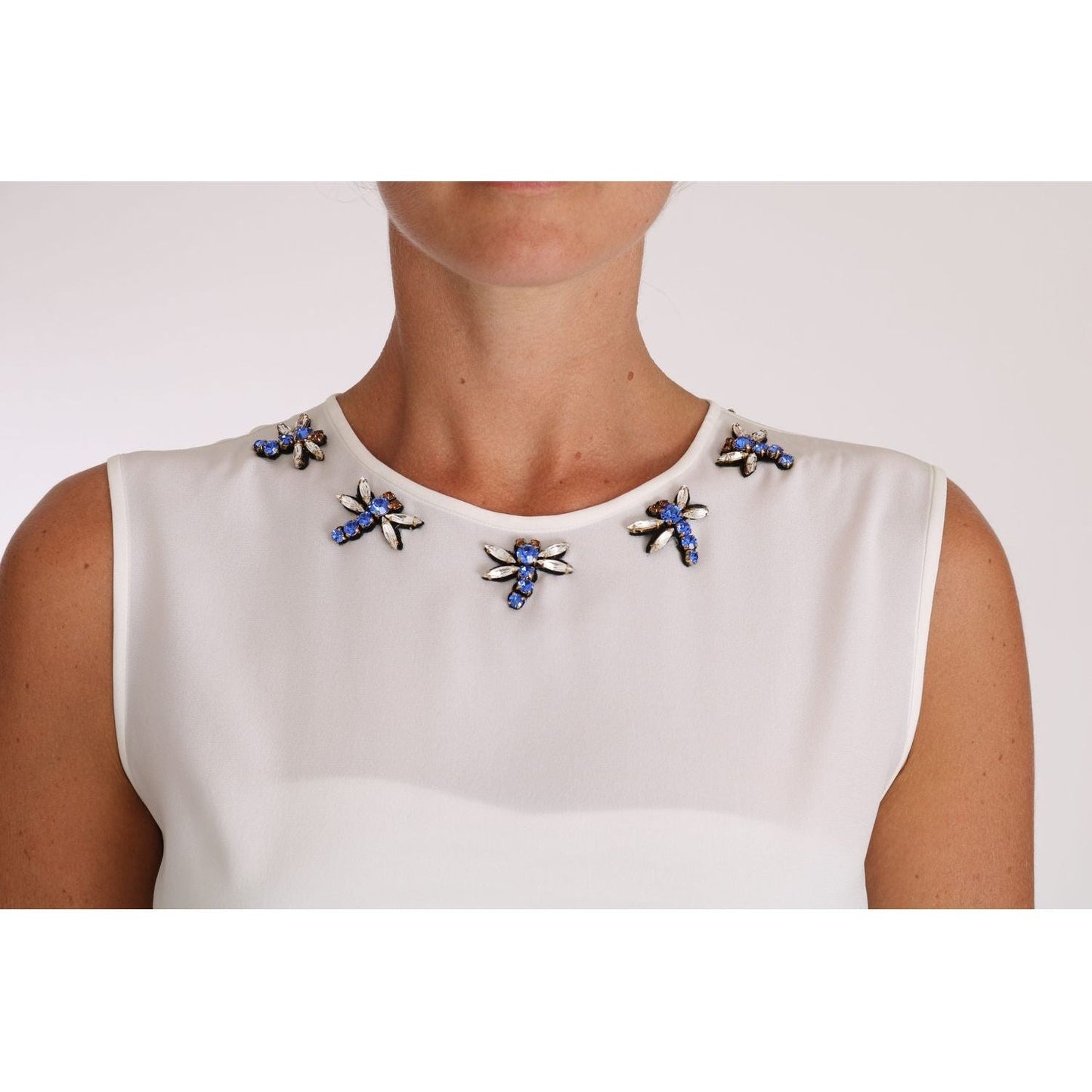 Dolce & Gabbana Elegant Embellished Sleeveless Silk Blouse white-silk-crystal-embellished-fly-t-shirt