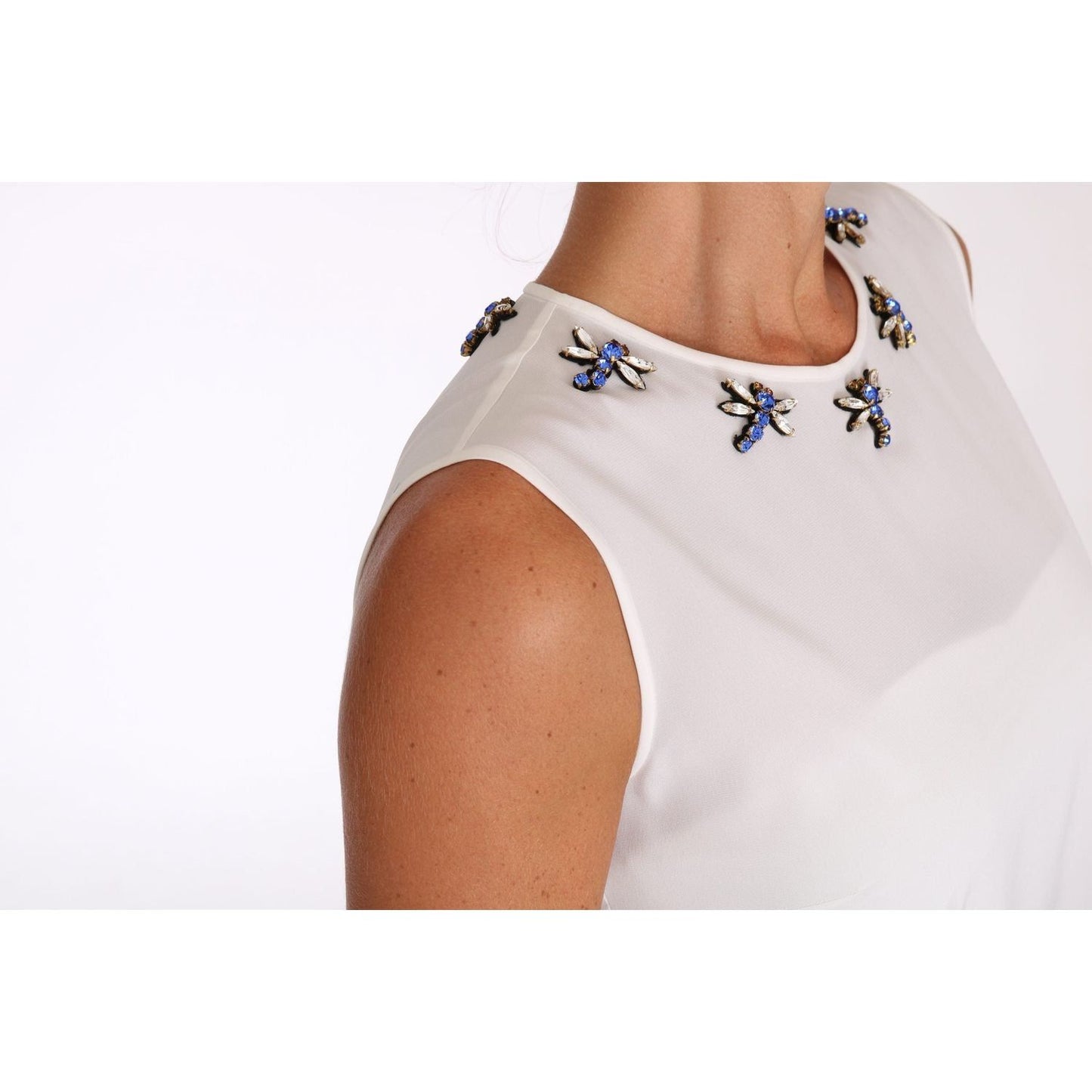 Dolce & Gabbana Elegant Embellished Sleeveless Silk Blouse white-silk-crystal-embellished-fly-t-shirt