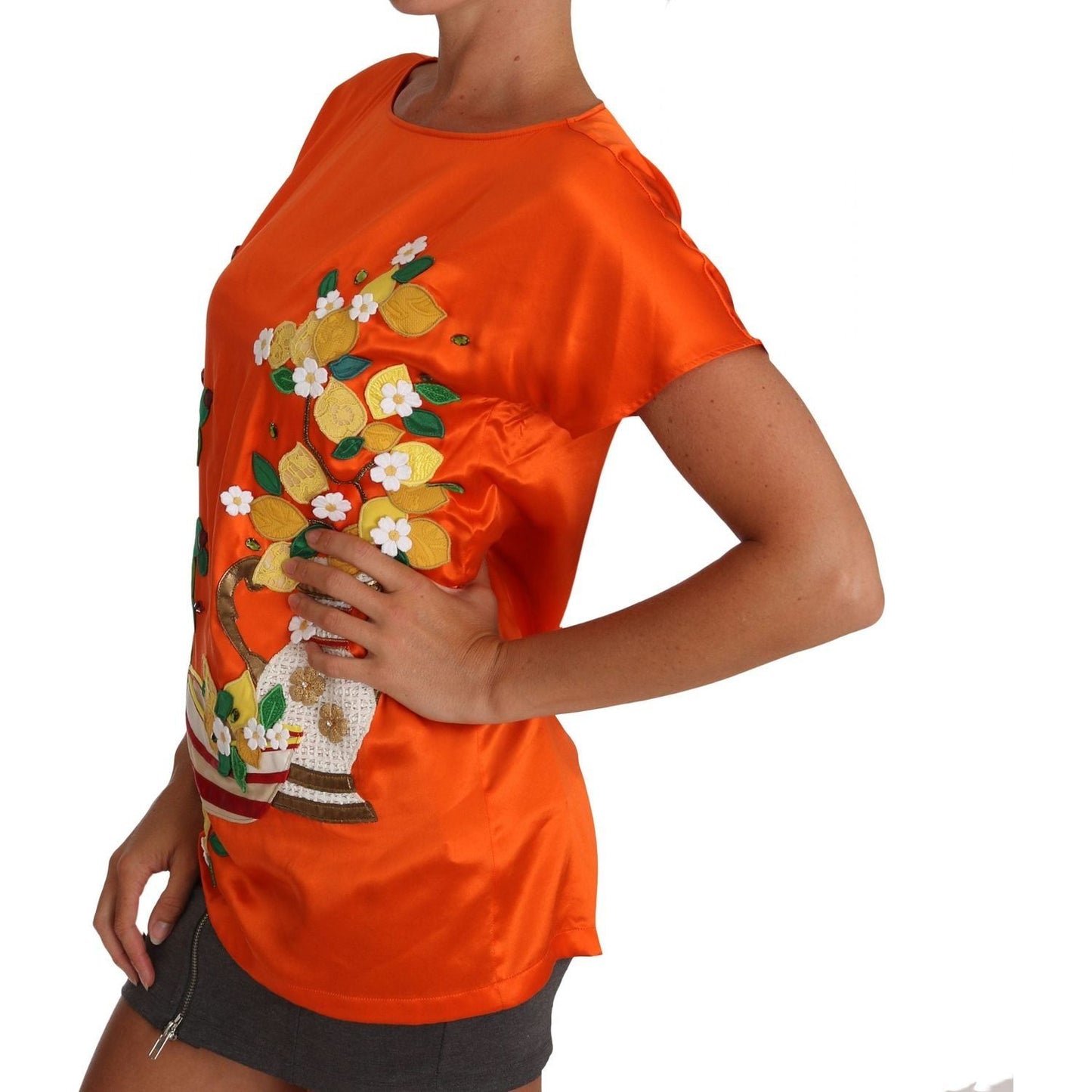 Dolce & Gabbana Sicilian Summer Silk Crystal-Embellished Top silk-orange-lemon-crystal-t-shirt-top