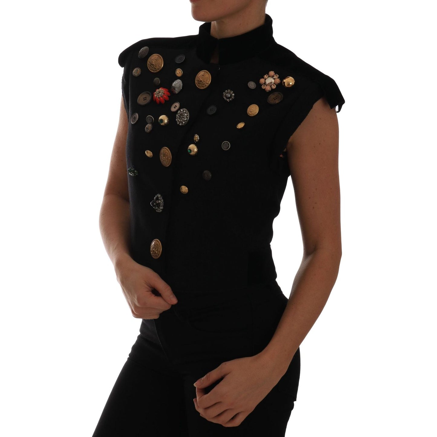 Dolce & Gabbana Embellished Black Military Style Vest Coats & Jackets black-embellished-floral-military-jacket-vest