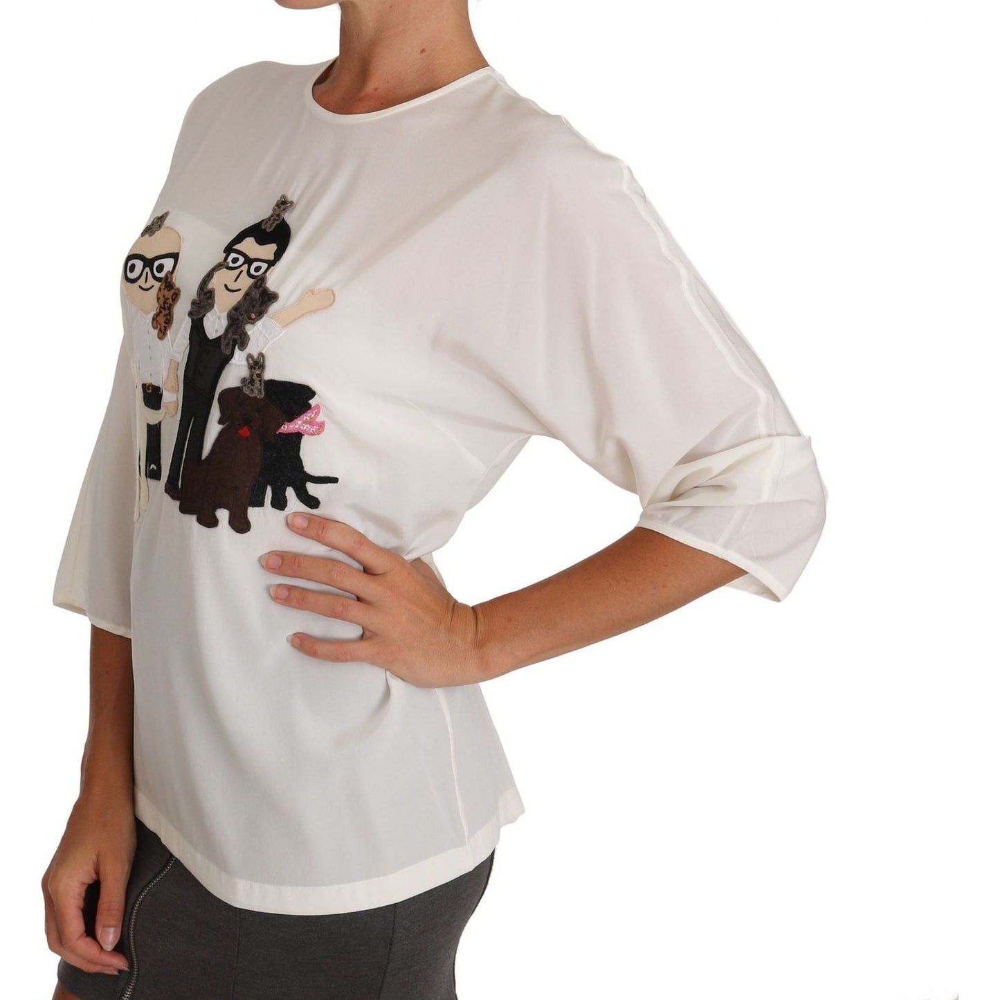 Dolce & Gabbana Chic Figure Family Applique Silk Top white-silk-dgfamily-blouse-t-shirt