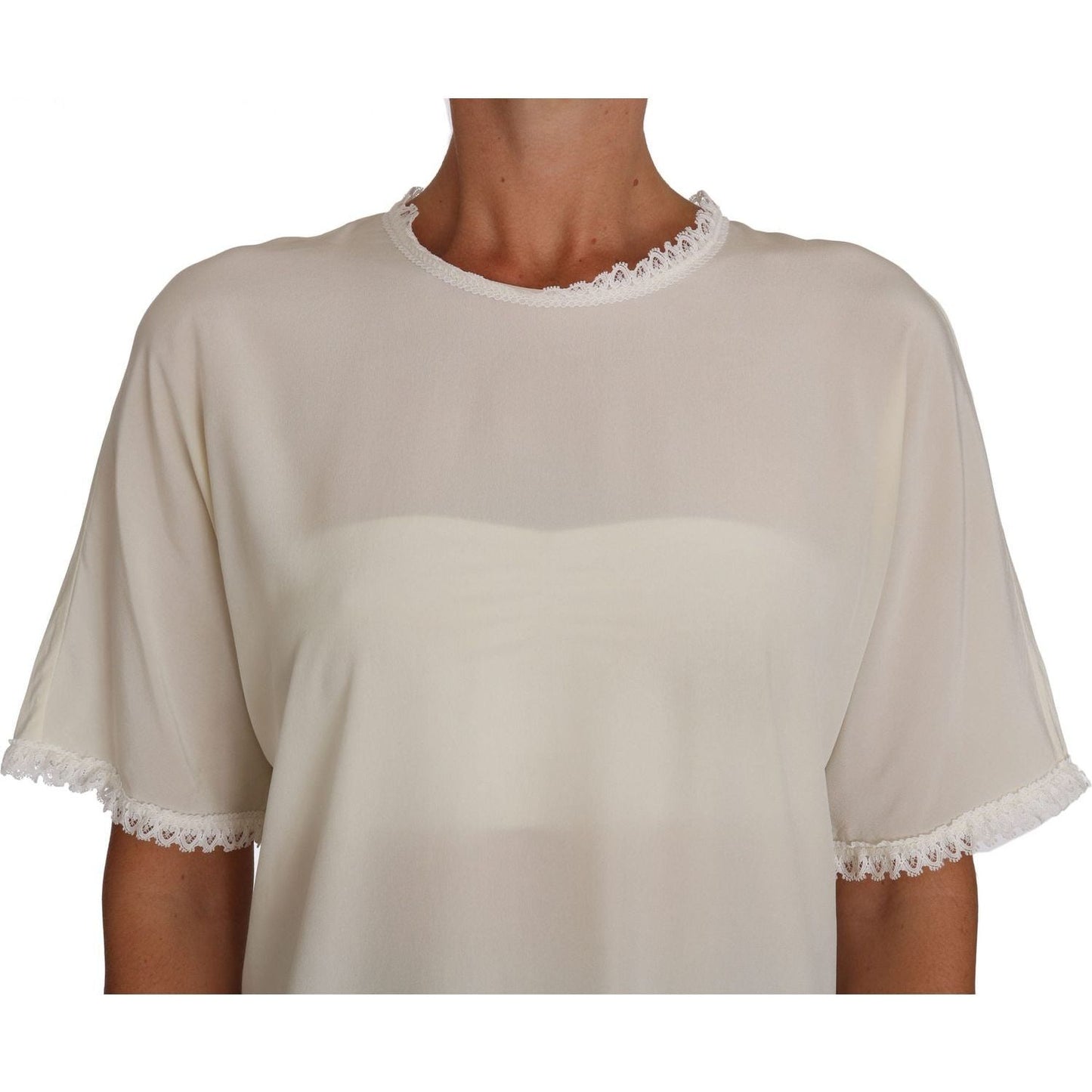 Dolce & Gabbana Cream Silk Lace-Detailed Blouse Top white-cream-silk-lace-top-blouse-t-shirt