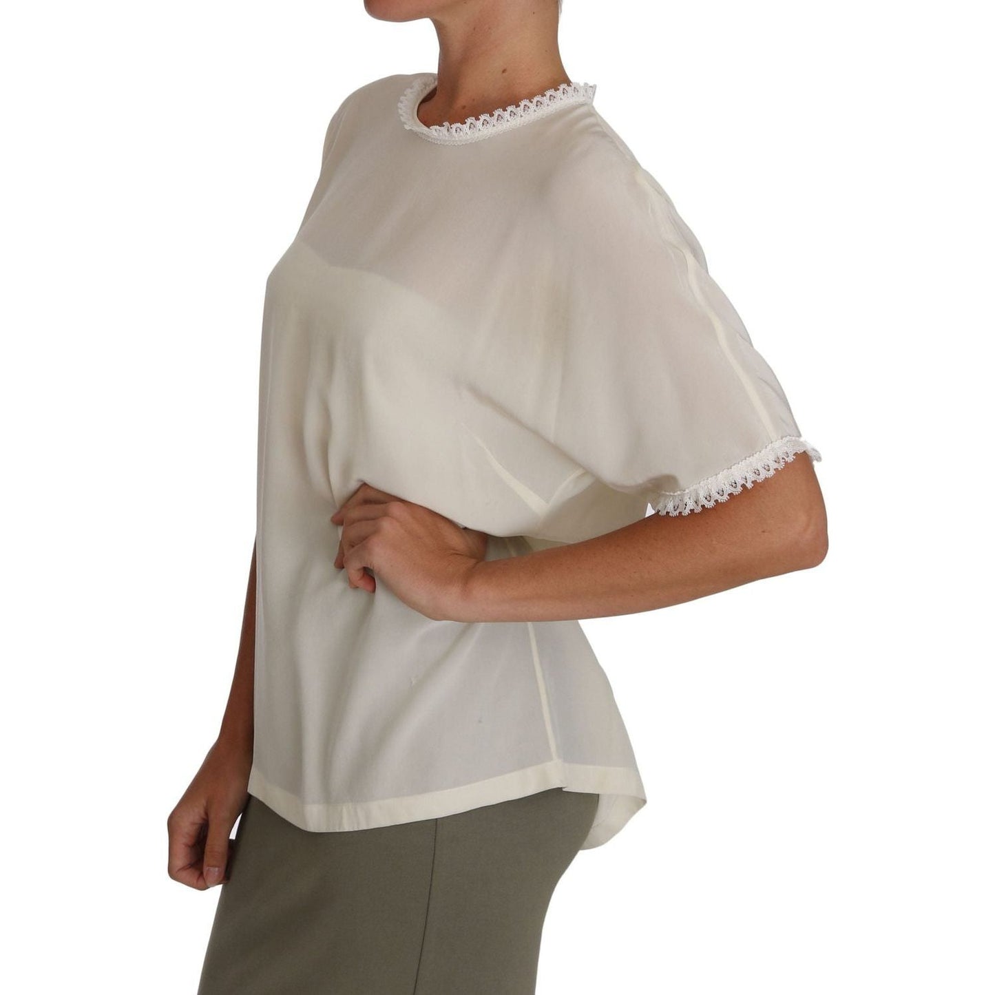 Dolce & Gabbana Cream Silk Lace-Detailed Blouse Top white-cream-silk-lace-top-blouse-t-shirt