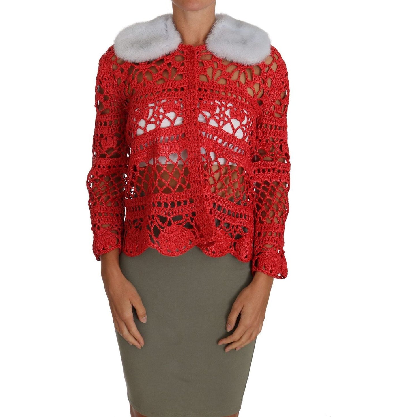 Dolce & Gabbana Elegant Red Crochet Knit Cardigan with Fur Collar red-cardigan-crochet-knit-raffia-sweater 648775-red-cardigan-crochet-knit-raffia-sweater.jpg