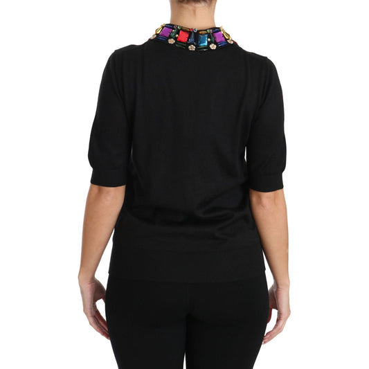 Dolce & Gabbana Elegant Black Cashmere Sequin Collar Top black-cashmere-crystal-collar-top-t-shirt