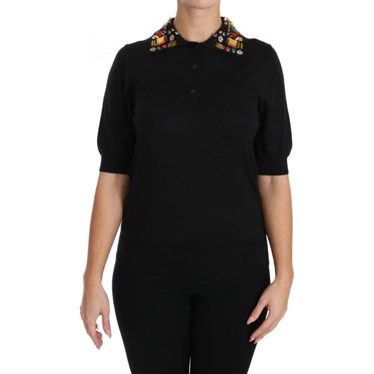 Dolce & Gabbana Elegant Black Cashmere Sequin Collar Top black-cashmere-crystal-collar-top-t-shirt