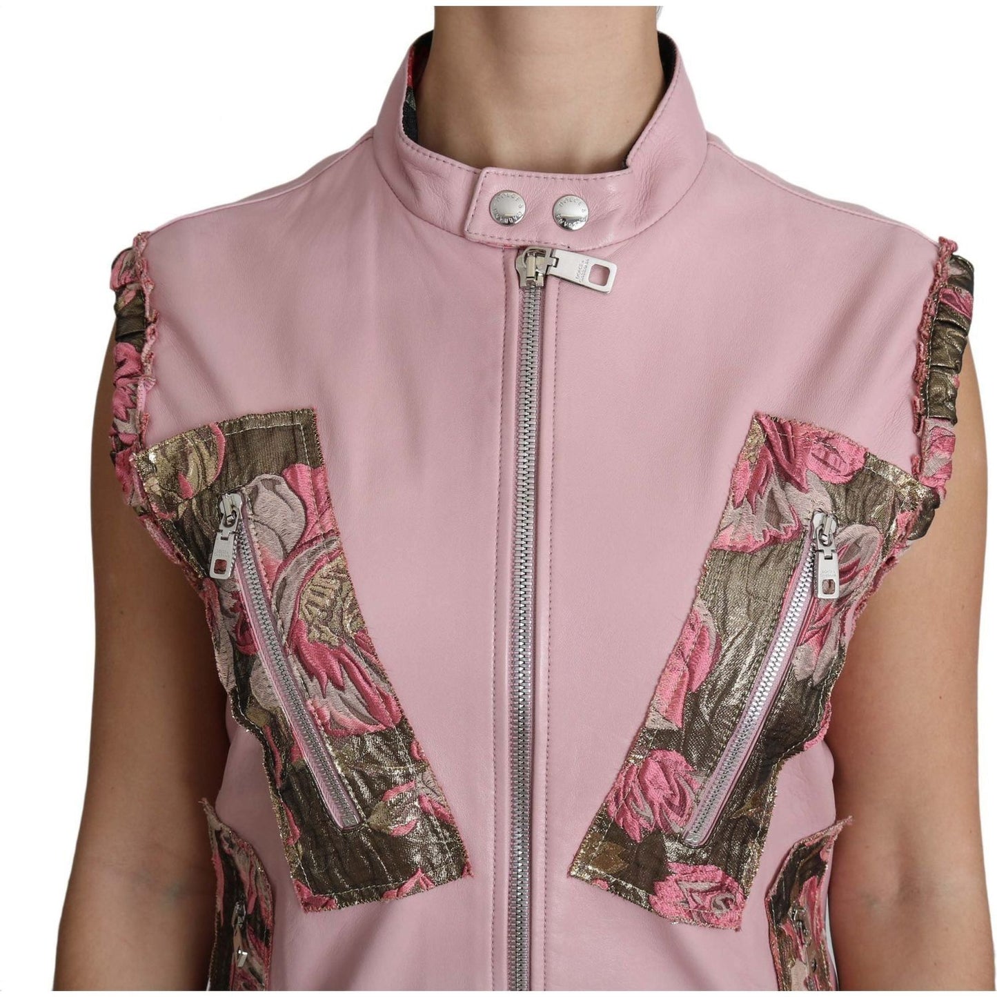 Dolce & Gabbana Stunning Pink Sleeveless Leather Vest Coats & Jackets pink-zippered-lamb-sleeveless-vest-leather-jacket