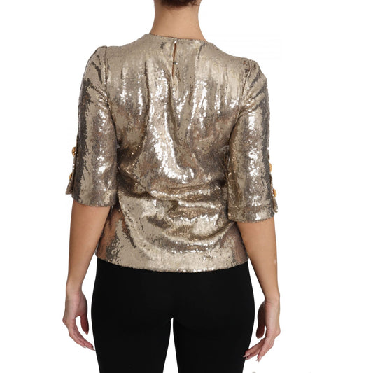 Dolce & Gabbana Gold Parrot Motif Crewneck Blouse with Crystals gold-sequined-parrot-crystal-blouse