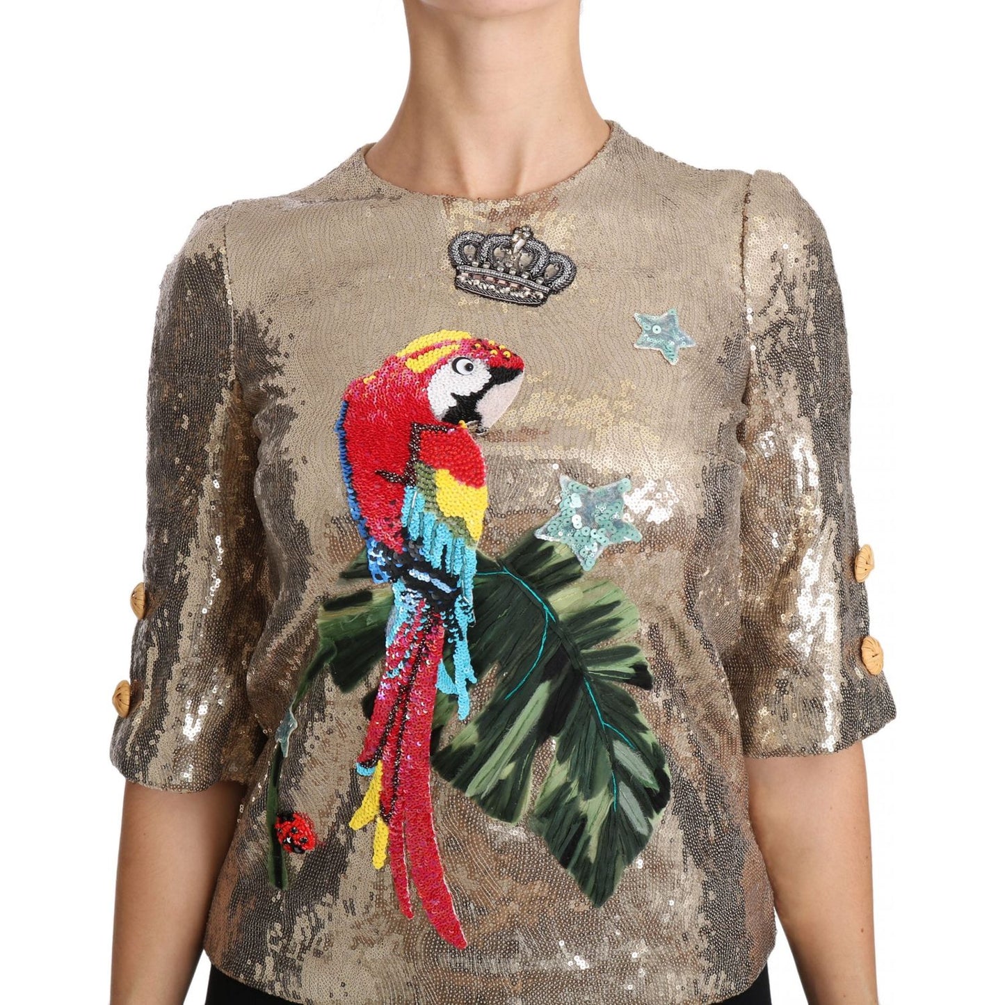 Dolce & Gabbana Gold Parrot Motif Crewneck Blouse with Crystals gold-sequined-parrot-crystal-blouse 654059-gold-sequined-parrot-crystal-blouse-2.jpg