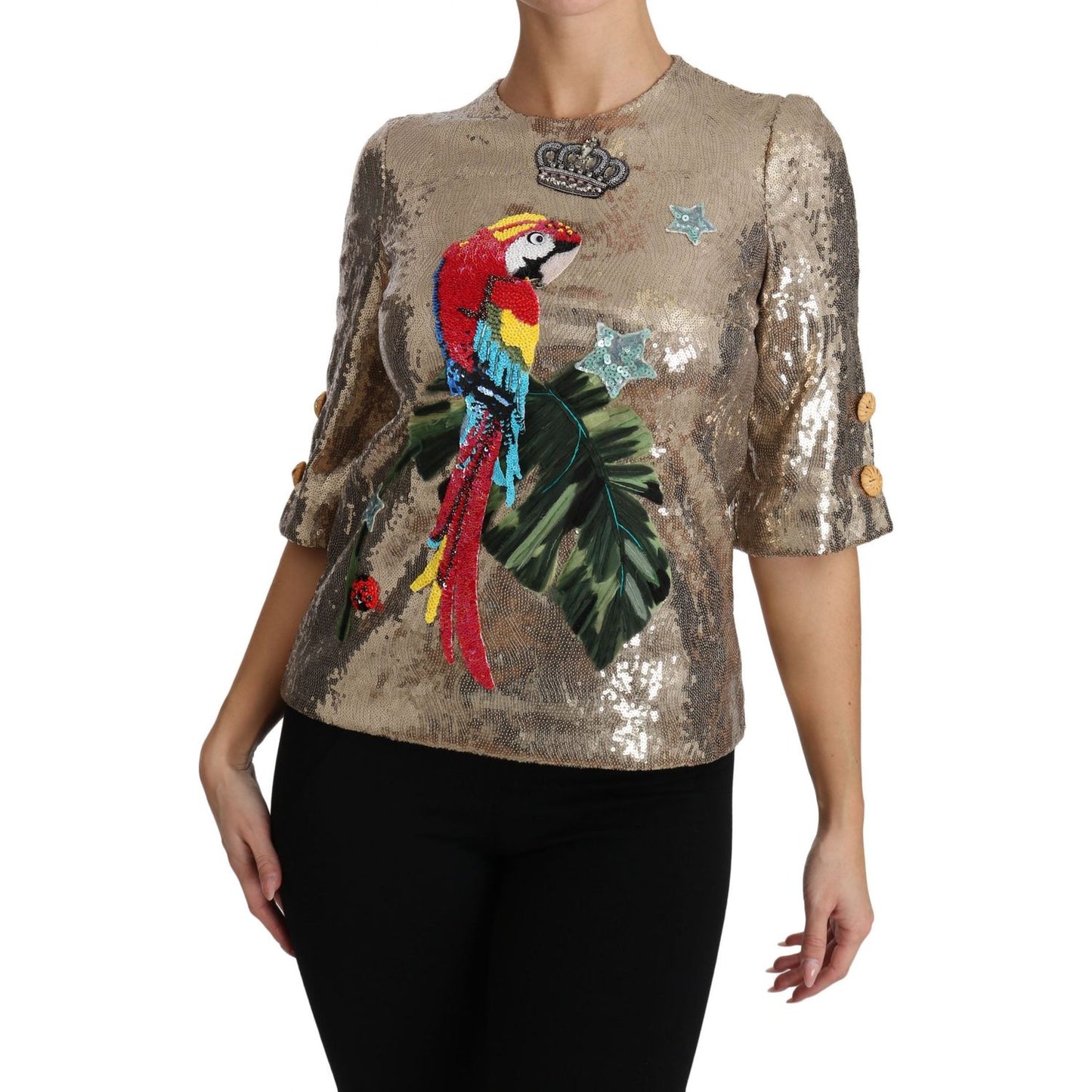 Dolce & Gabbana Gold Parrot Motif Crewneck Blouse with Crystals gold-sequined-parrot-crystal-blouse 654059-gold-sequined-parrot-crystal-blouse-3.jpg