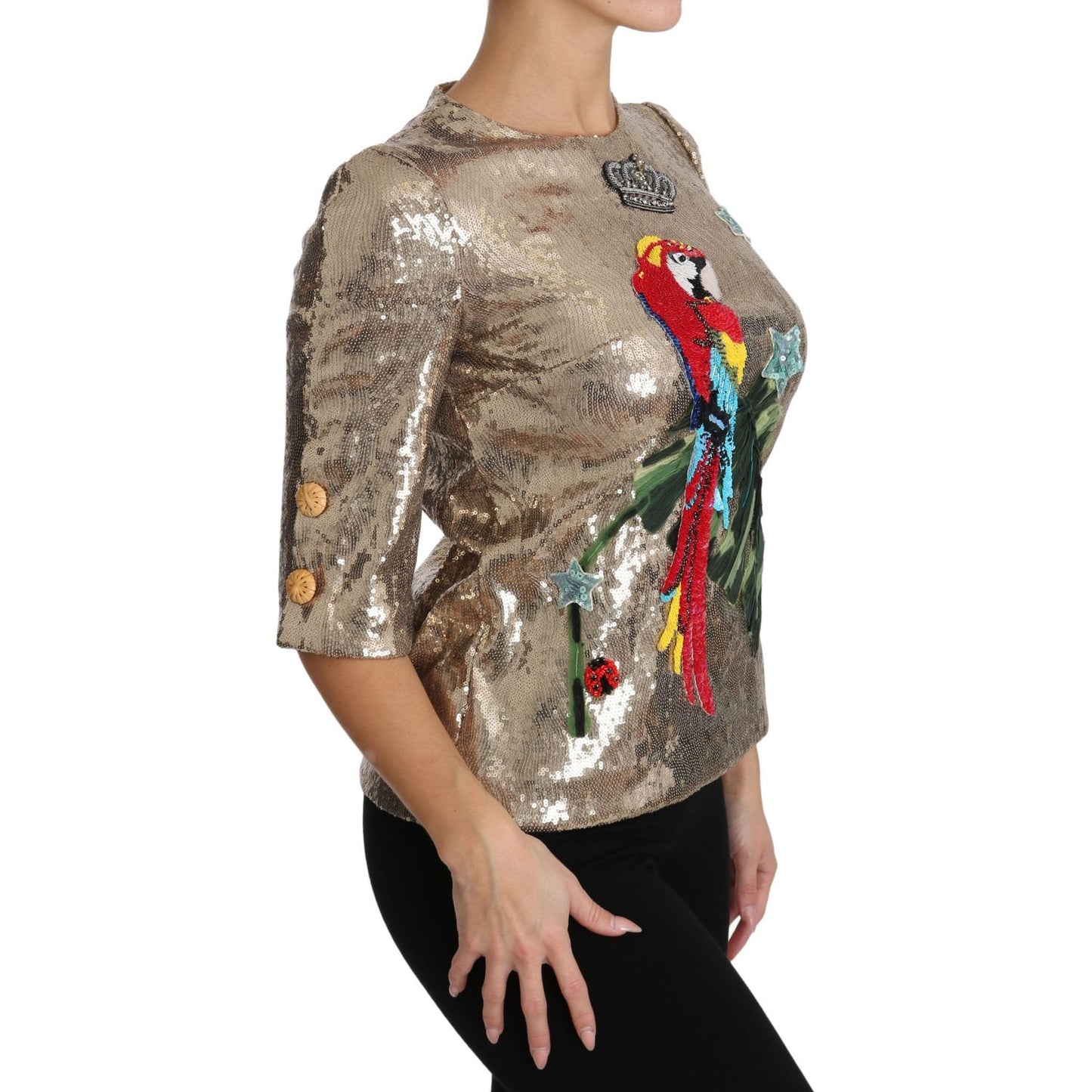 Dolce & Gabbana Gold Parrot Motif Crewneck Blouse with Crystals gold-sequined-parrot-crystal-blouse 654059-gold-sequined-parrot-crystal-blouse-4.jpg