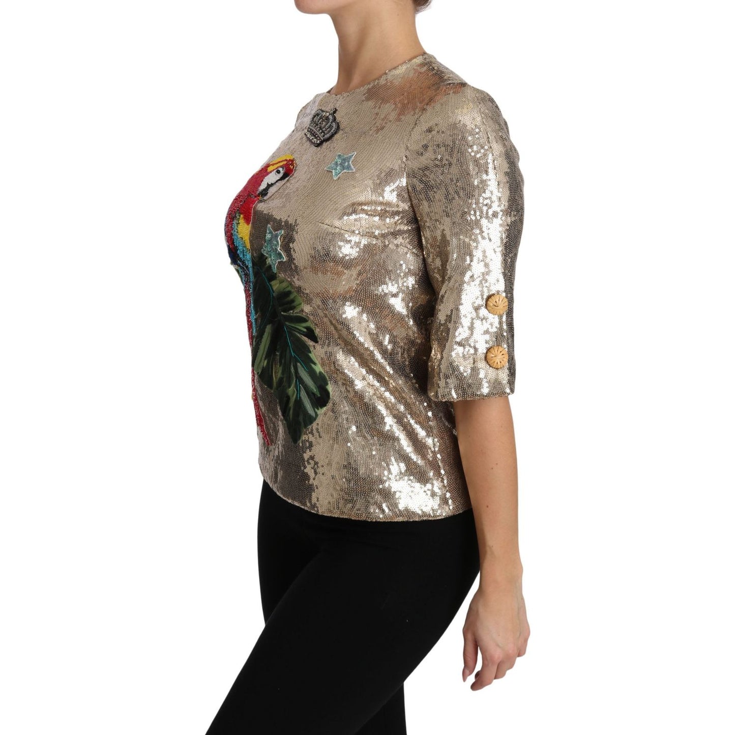 Dolce & Gabbana Gold Parrot Motif Crewneck Blouse with Crystals gold-sequined-parrot-crystal-blouse 654059-gold-sequined-parrot-crystal-blouse-5.jpg