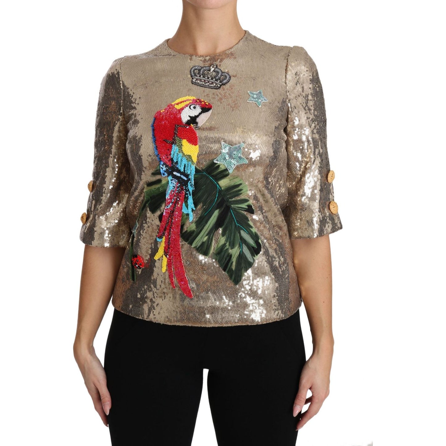 Dolce & Gabbana Gold Parrot Motif Crewneck Blouse with Crystals gold-sequined-parrot-crystal-blouse 654059-gold-sequined-parrot-crystal-blouse.jpg