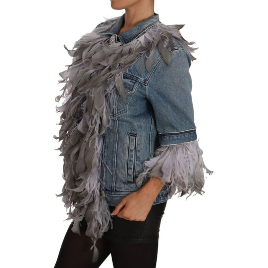 Dolce & Gabbana Embellished Feather Denim Extravaganza Coats & Jackets denim-jacket-feathers-embellished-buttons