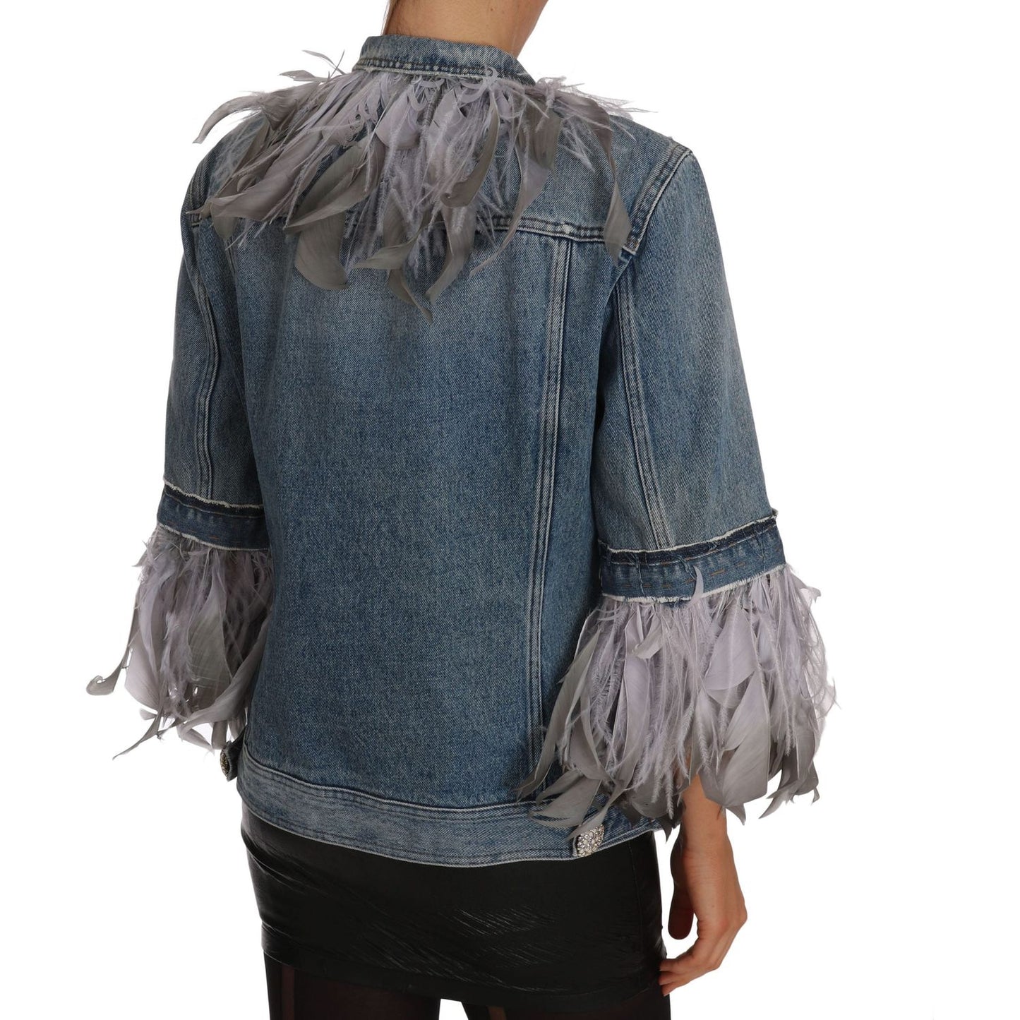 Dolce & Gabbana Embellished Feather Denim Extravaganza Coats & Jackets denim-jacket-feathers-embellished-buttons
