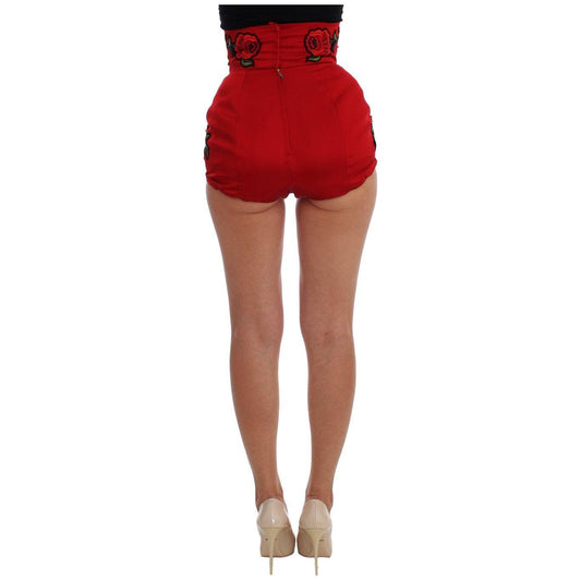 Dolce & Gabbana Elegant Silk High Waist Embroidered Shorts red-silk-crystal-roses-shorts 65512-red-silk-crystal-roses-shorts-1.jpg