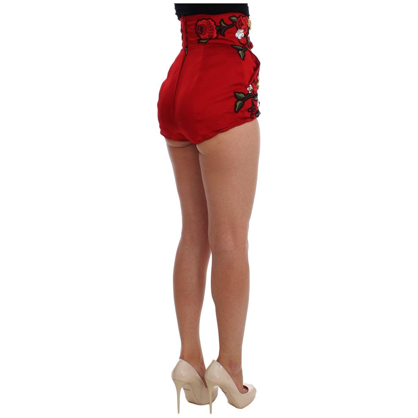 Dolce & Gabbana Elegant Silk High Waist Embroidered Shorts red-silk-crystal-roses-shorts