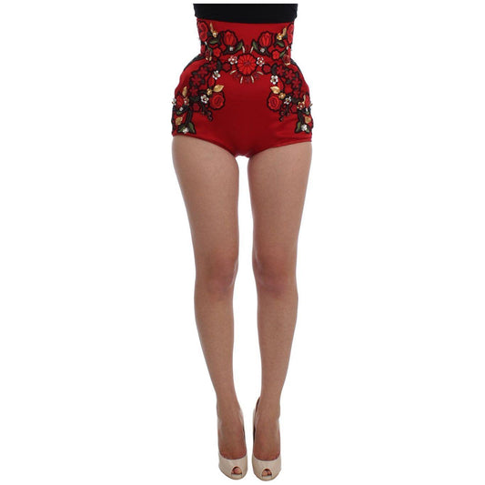 Dolce & Gabbana Elegant Silk High Waist Embroidered Shorts red-silk-crystal-roses-shorts 65512-red-silk-crystal-roses-shorts.jpg