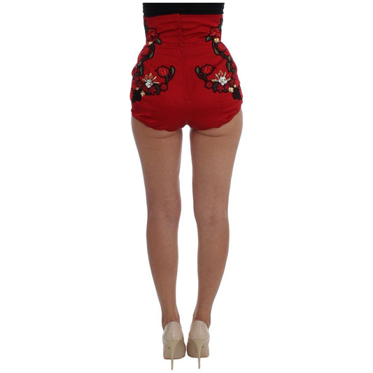 Dolce & Gabbana Ravishing Red Silk Embroidered Shorts red-silk-crystal-roses-shorts-1 65538-red-silk-crystal-roses-shorts-2-1.jpg
