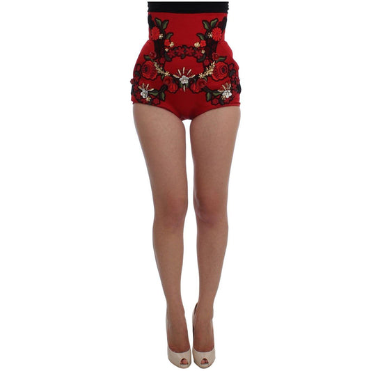 Dolce & Gabbana Ravishing Red Silk Embroidered Shorts red-silk-crystal-roses-shorts-1 65538-red-silk-crystal-roses-shorts-2.jpg