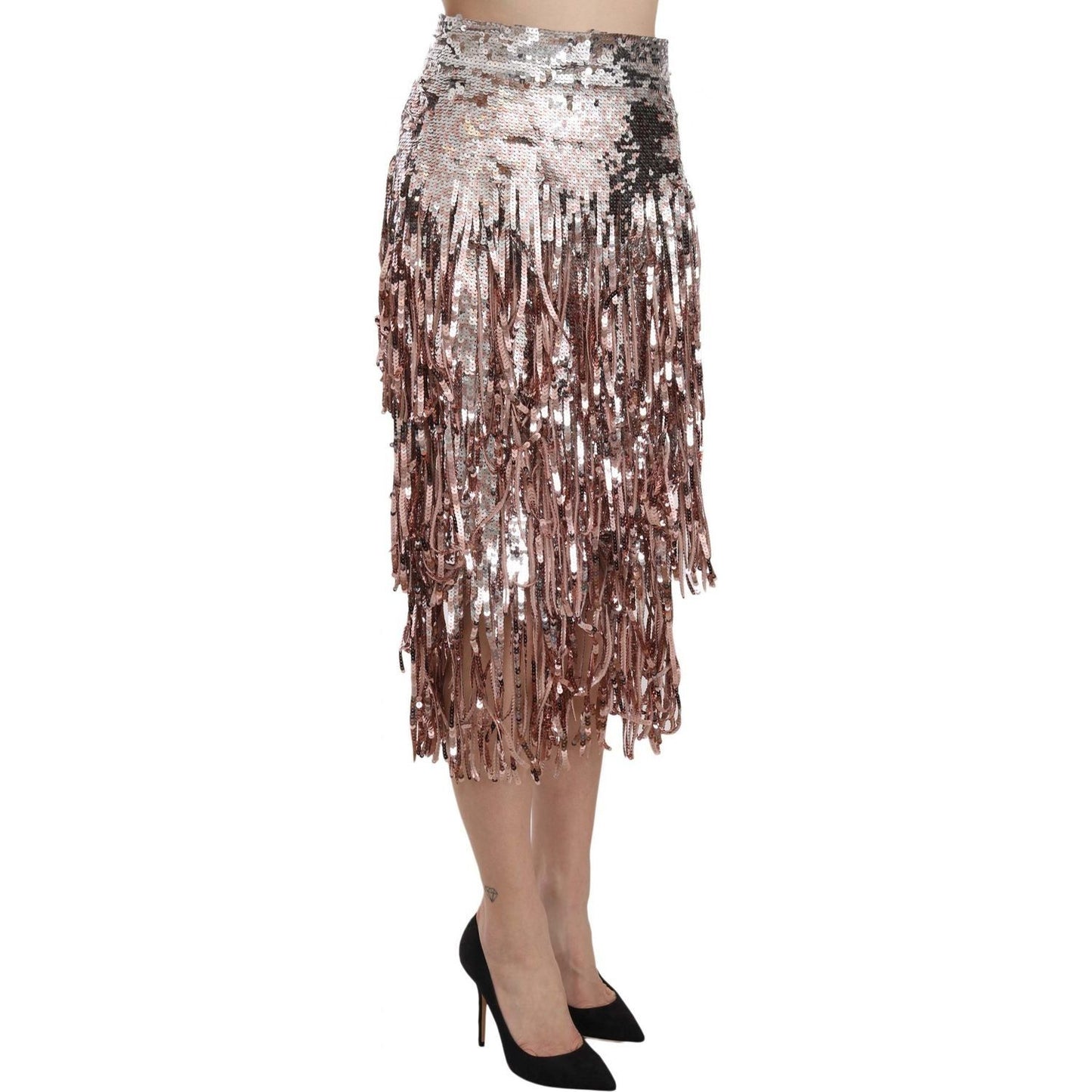 Dolce & Gabbana Metallic Sequin Tulle High-Waist Midi Skirt sequin-embellished-fringe-midi-pencil-skirt
