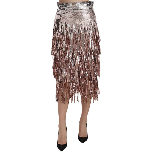 Dolce & Gabbana Metallic Sequin Tulle High-Waist Midi Skirt sequin-embellished-fringe-midi-pencil-skirt