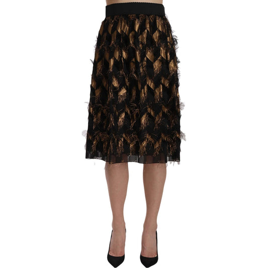 Dolce & Gabbana Elegant Gold Black Silk Blend High Waist Skirt black-gold-fringe-metallic-pencil-a-line-skirt