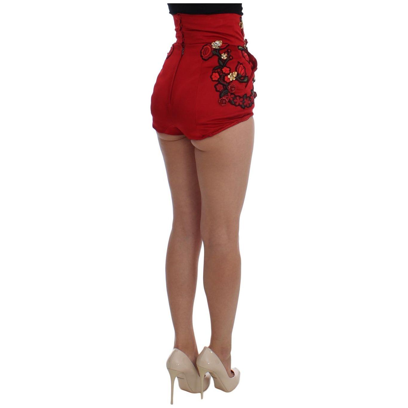 Dolce & Gabbana Enchanted Sicily Embroidered Silk Shorts red-silk-crystal-roses-shorts-4