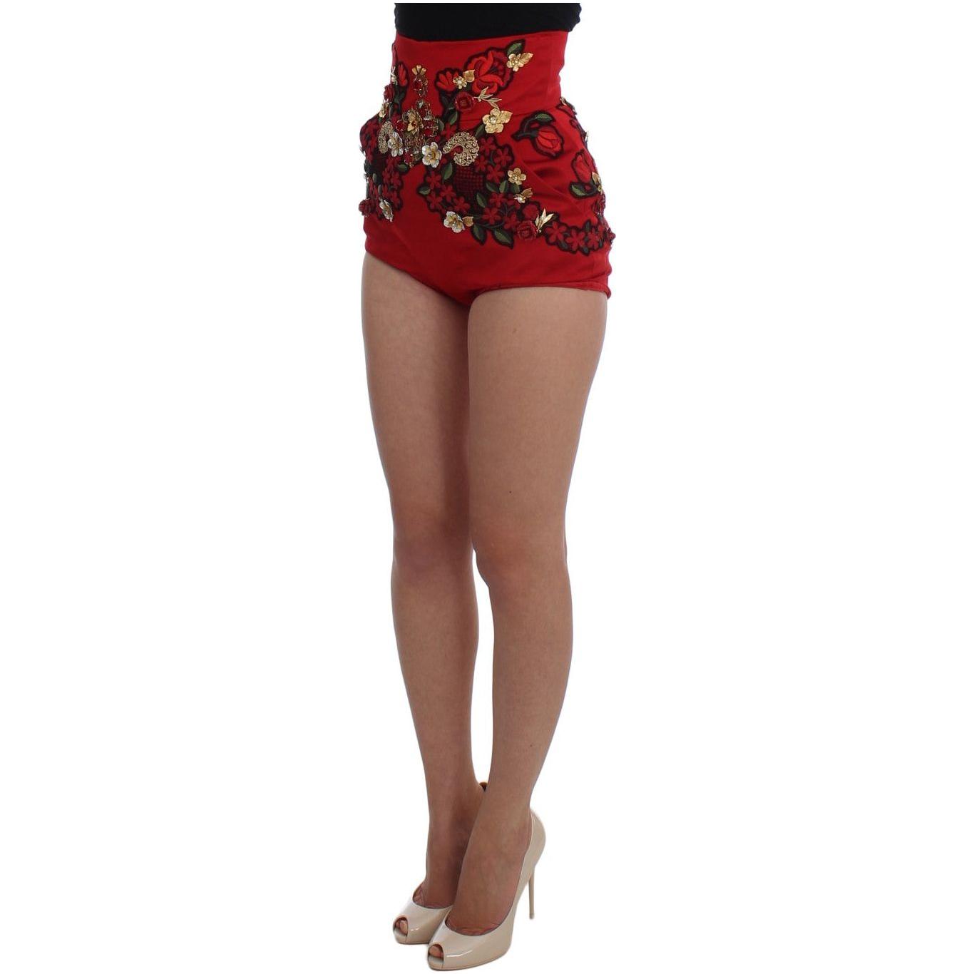 Dolce & Gabbana Enchanted Sicily Embroidered Silk Shorts red-silk-crystal-roses-shorts-4