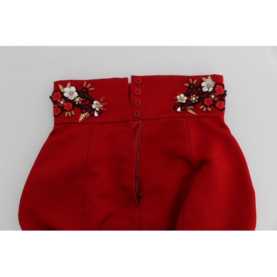 Dolce & Gabbana Red Silk Crystal-Embellished High Waist Shorts red-silk-crystal-roses-shorts-5