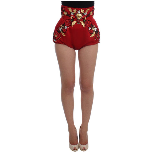 Dolce & Gabbana Red Silk Crystal-Embellished High Waist Shorts red-silk-crystal-roses-shorts-5