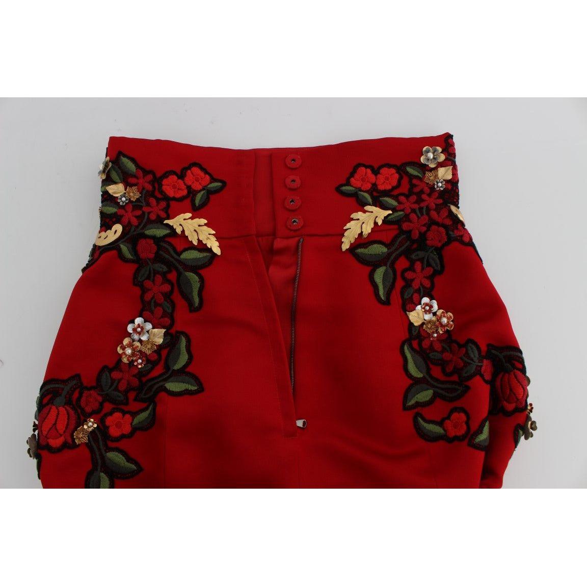 Dolce & Gabbana Elegant Silk Red Embroidered Mini Shorts red-silk-pearls-roses-shorts