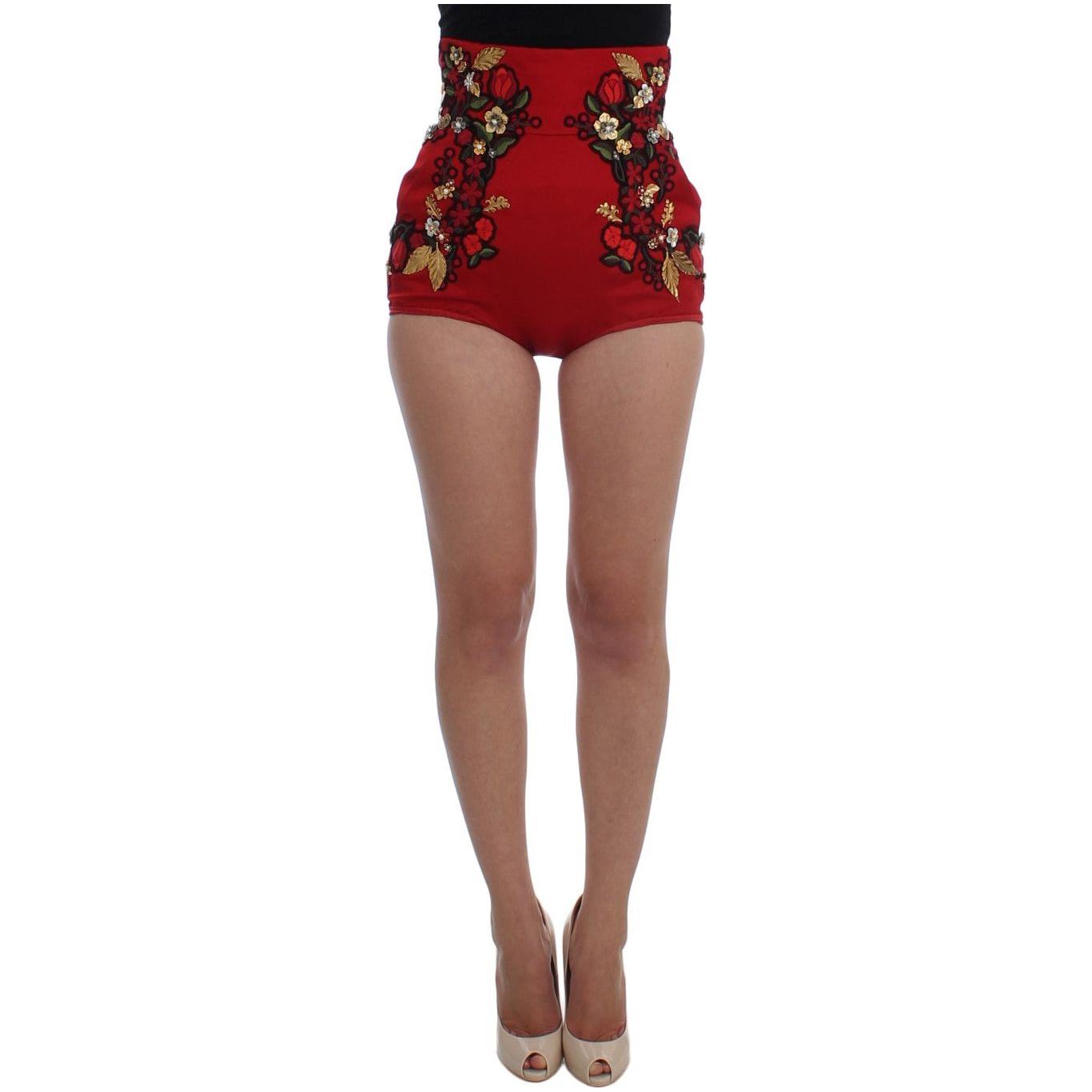 Dolce & Gabbana Elegant Silk Red Embroidered Mini Shorts red-silk-pearls-roses-shorts