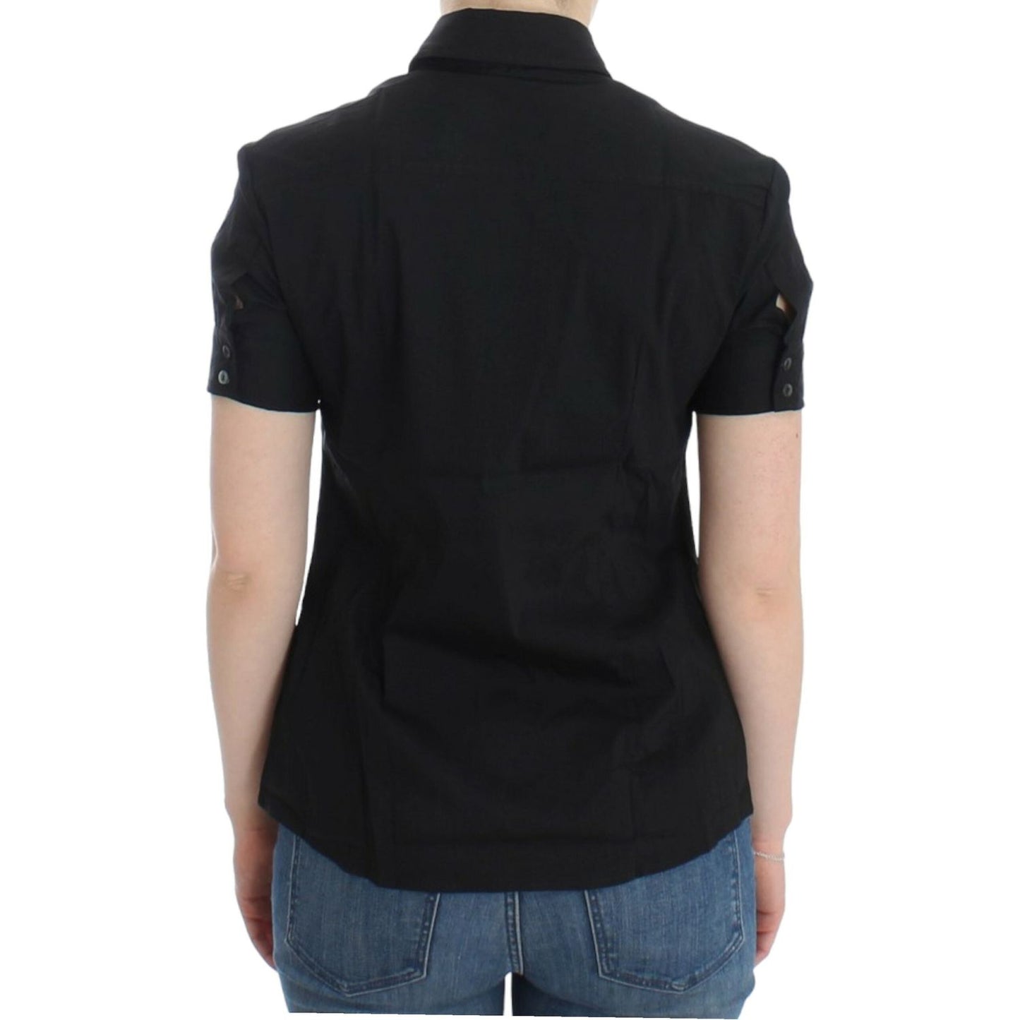 John Galliano Elegant Black Cotton Stretch Shortsleeve Blouse black-cotton-shirt-top 6699-black-cotton-shirt-top-2-scaled-cc21e6e6-d1e.jpg