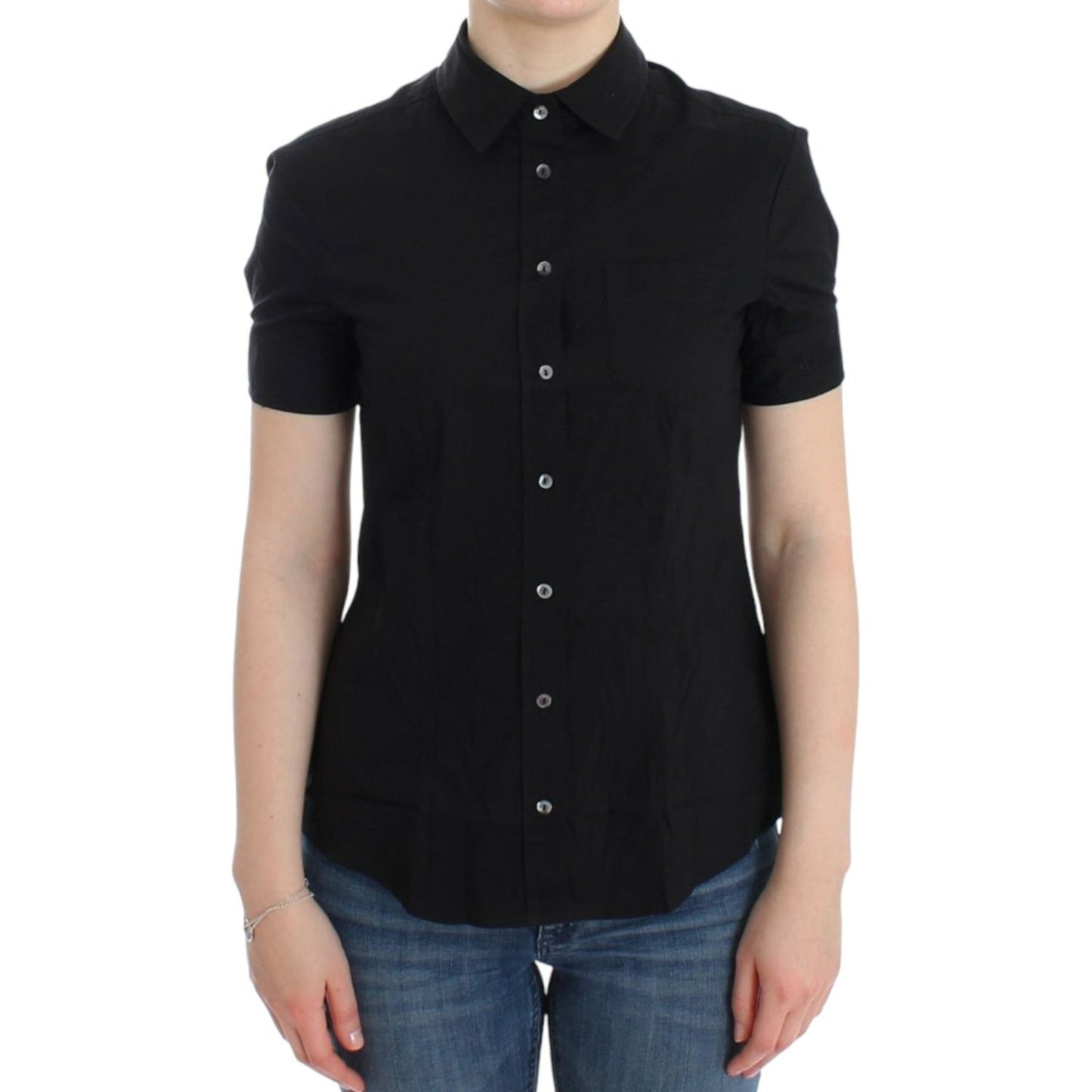 John Galliano Elegant Black Cotton Stretch Shortsleeve Blouse black-cotton-shirt-top