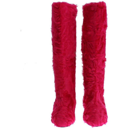 Dolce & Gabbana Elegant Pink Lambskin Fur Boots pink-lamb-fur-leather-flat-boots