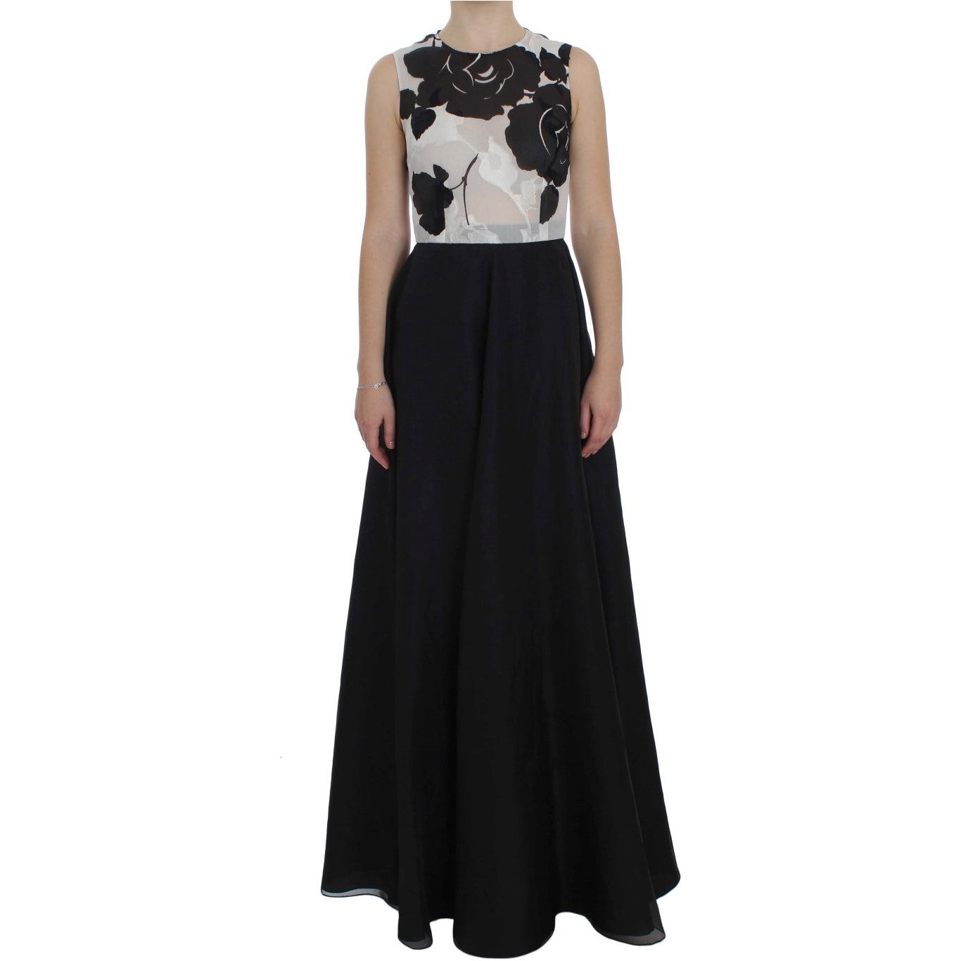 Dolce & Gabbana Elegant Floral Silk Full Length Dress black-white-floral-silk-sheath-gown-dress 72716-black-white-floral-silk-sheath-gown-dress.jpg