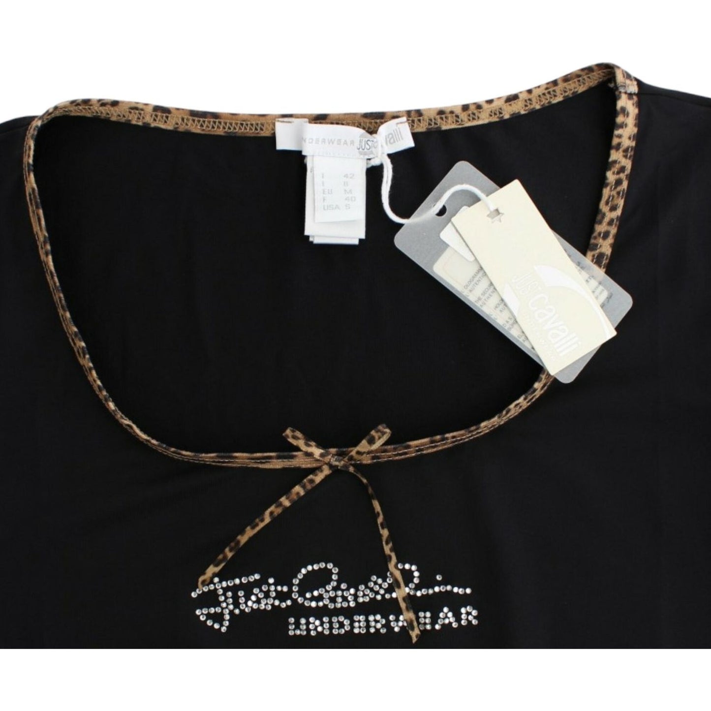 Cavalli Chic Black Crewneck Top with Leopard Details black-nylon-top-t-shirt