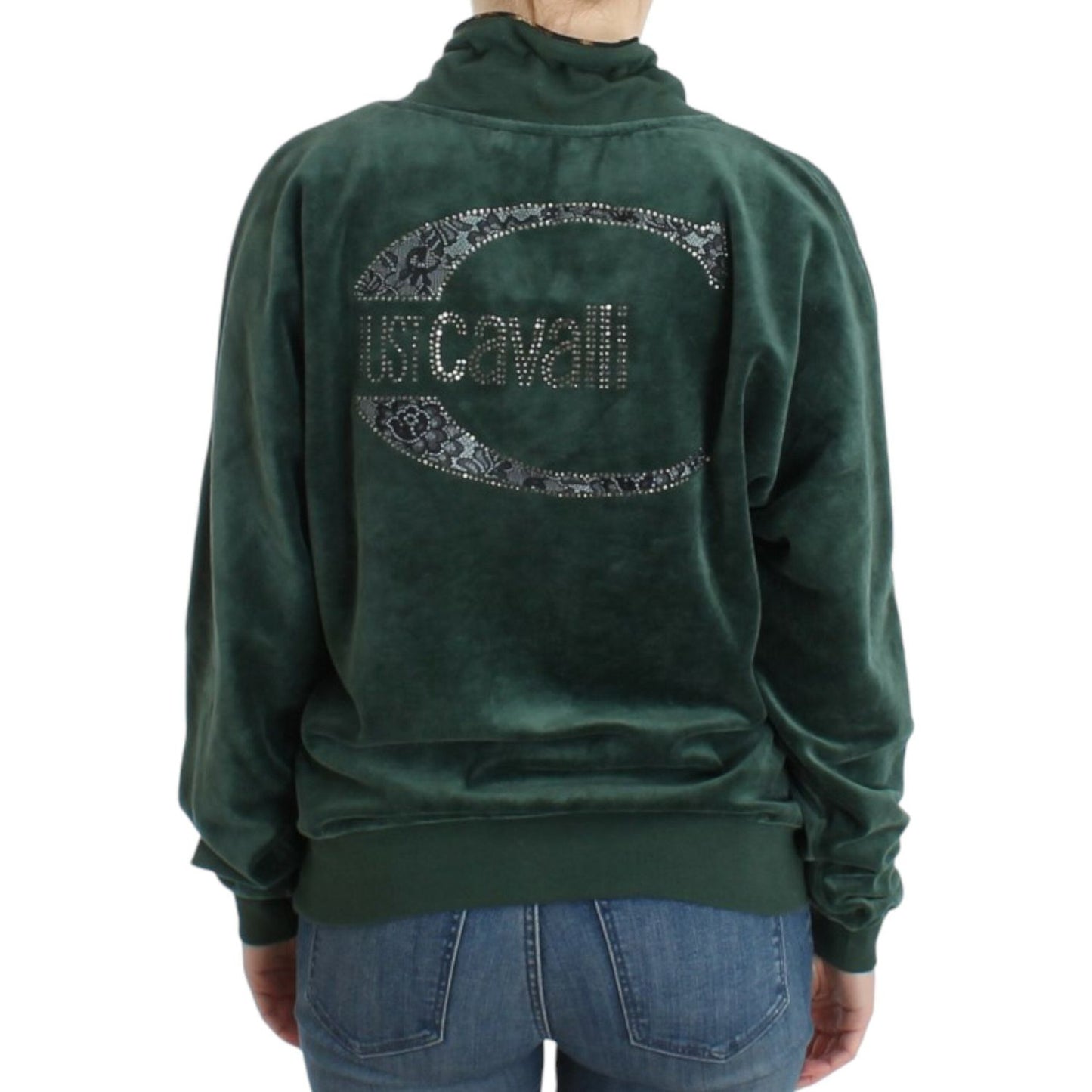 Cavalli Elegant Green Mock Sweater with Rhinestone Detail green-velvet-cotton-sweater 8820-green-velvet-cotton-sweater-2-scaled-12a4b0a2-030.jpg