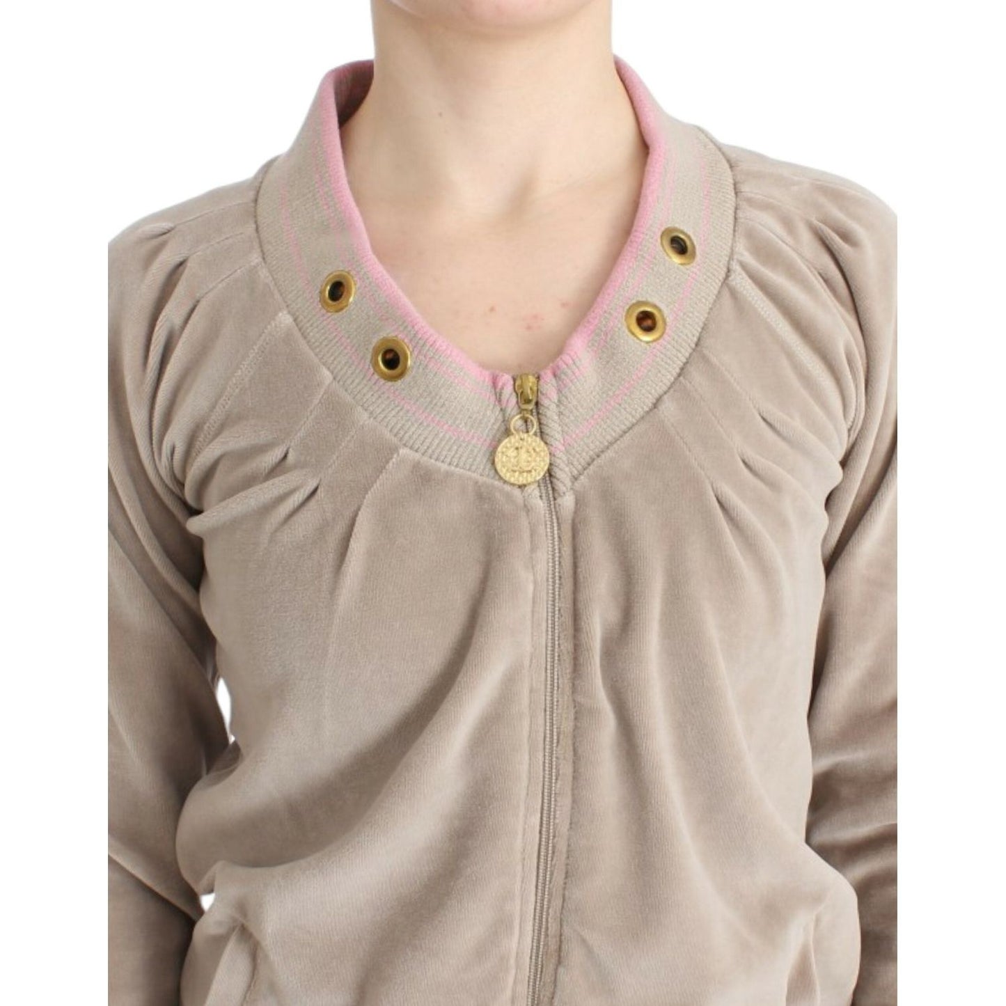 Cavalli Beige Zip Cardigan with Gold Tone Accents beige-velvet-zipup-sweater