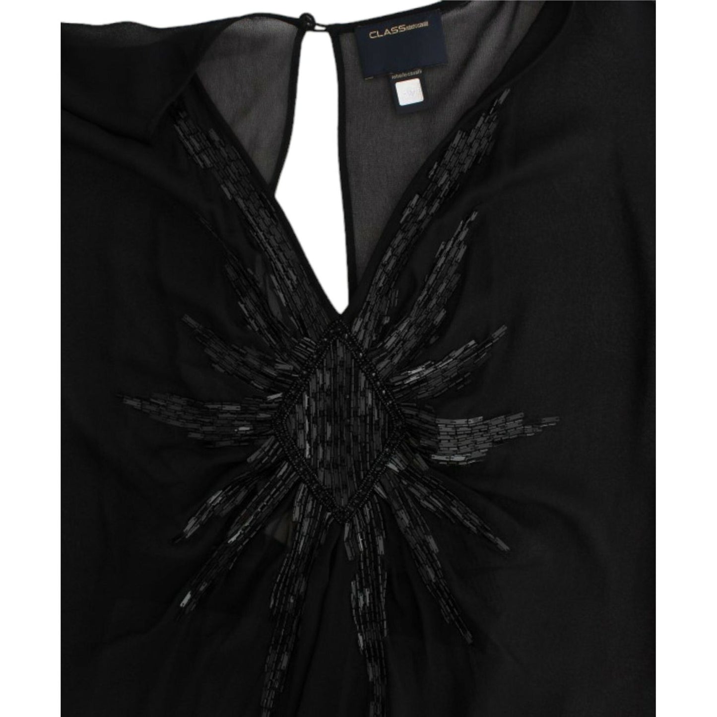 Cavalli Elegant Sheer Black Silk Blouson Dress black-long-sleeve-silk-dress