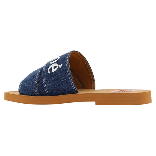 Chloé | Denim Blue Cotton Slides Woody Sandals | McRichard Designer Brands
