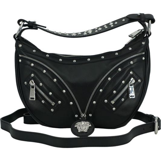 Versace | Black Calf Leather Small Hobo Shoulder Bag| McRichard Designer Brands   