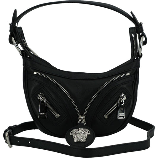 Versace | Black Calf Leather Hobo Mini Shoulder Bag| McRichard Designer Brands   