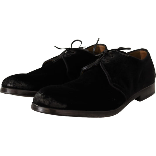 Dolce & Gabbana Elegant Black Velvet Derby Shoes Dress Shoes black-velvet-lace-up-aged-style-derby-shoes