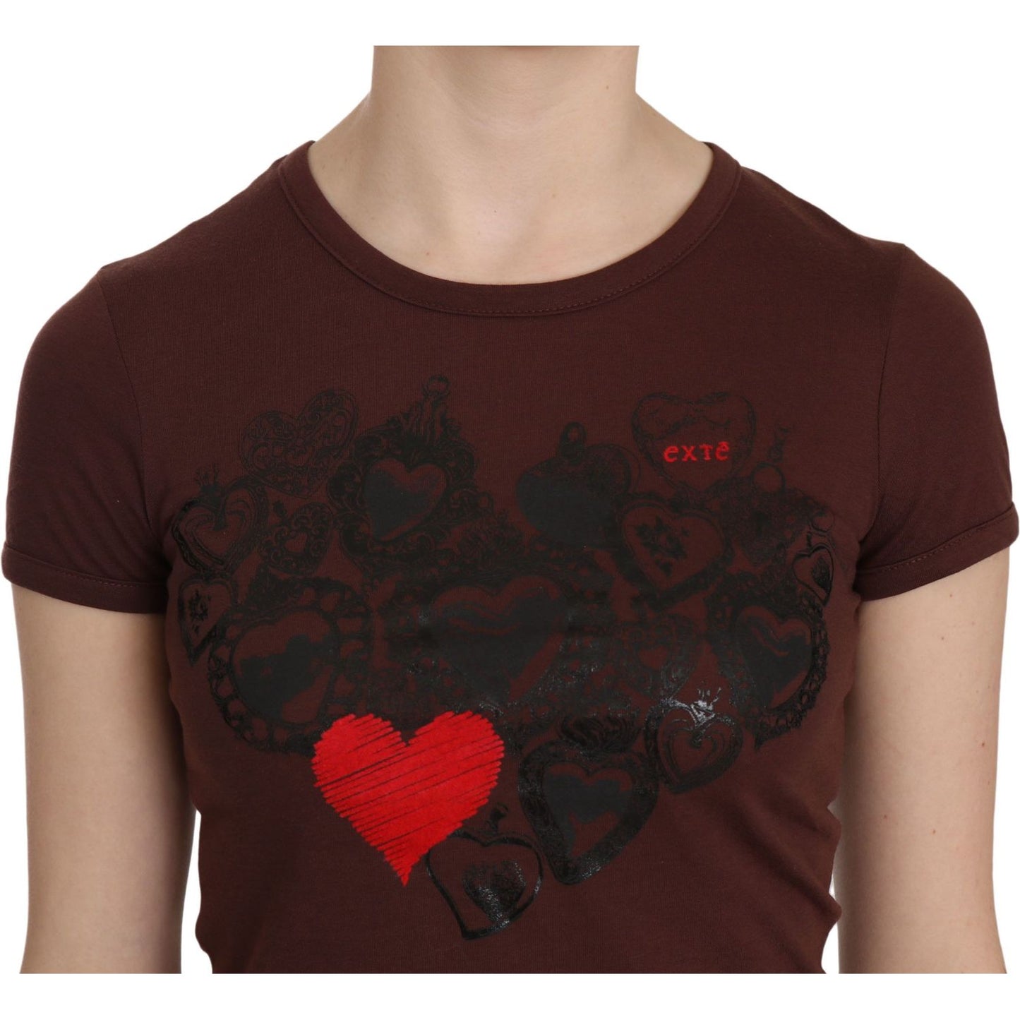 Exte Chic Brown Heart Print Crew Neck Top brown-heart-print-crew-neck-t-shirt-short-sleeve-blouse