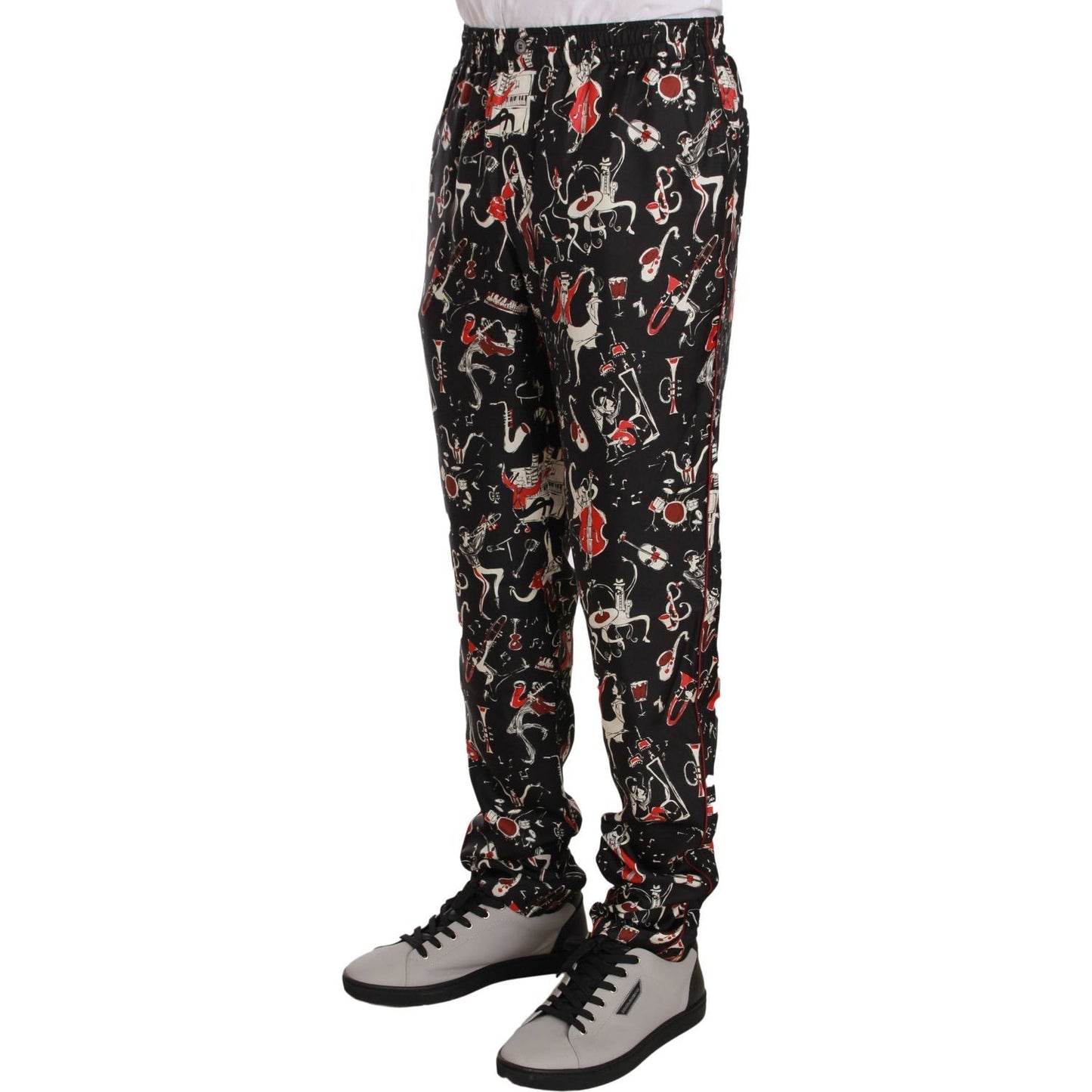 Dolce & Gabbana Elegant Black Silk Lounge Pants with Red Print red-musical-instrument-print-sleepwear-pants