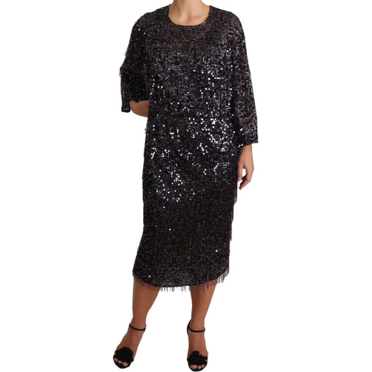 Dolce & Gabbana Sequined Shift Midi Dress – Timeless Elegance black-sequined-long-sleeve-shift-midi-dress